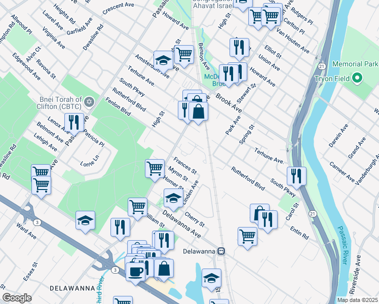 map of restaurants, bars, coffee shops, grocery stores, and more near 36 Frances Street in Clifton