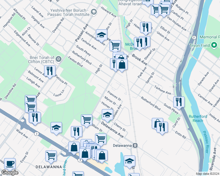 map of restaurants, bars, coffee shops, grocery stores, and more near 36 Frances Street in Clifton