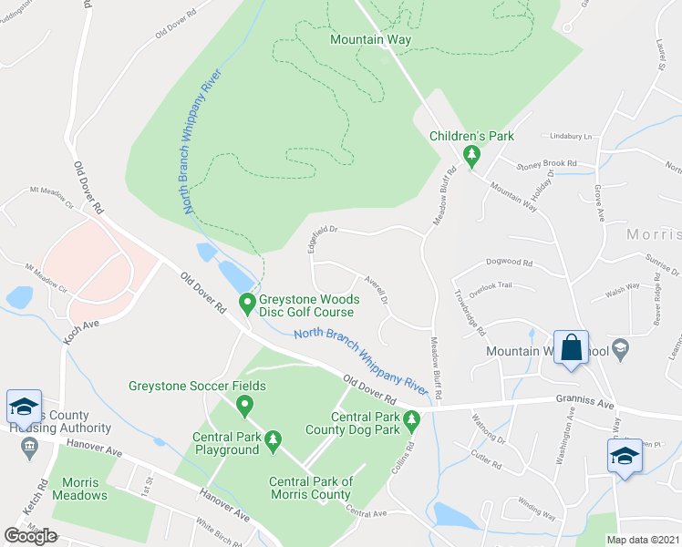 map of restaurants, bars, coffee shops, grocery stores, and more near 61 Averell Drive in Morris Plains