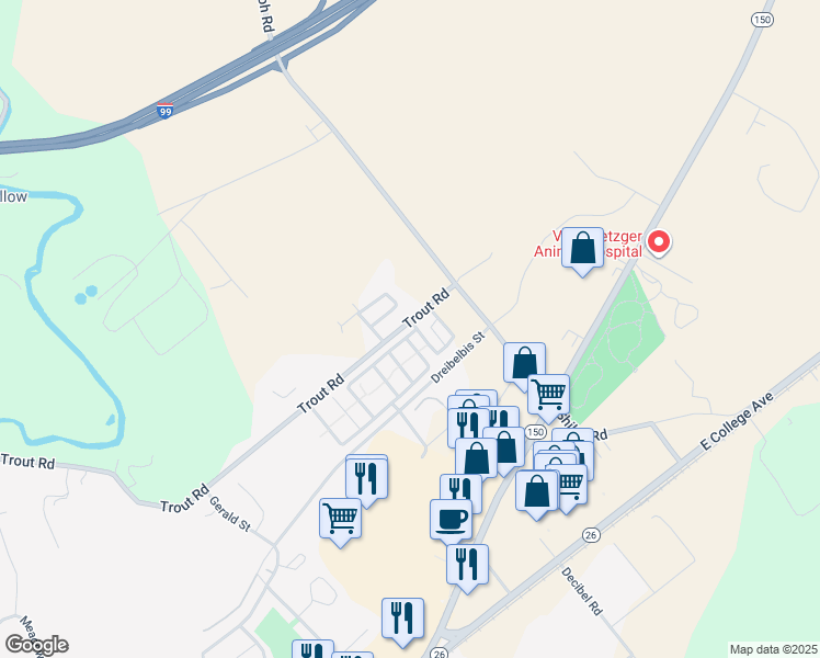 map of restaurants, bars, coffee shops, grocery stores, and more near 143 Constitution Avenue in State College