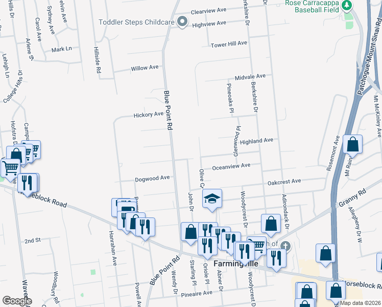 map of restaurants, bars, coffee shops, grocery stores, and more near 5 John Drive in Farmingville