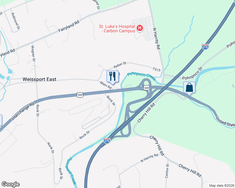 map of restaurants, bars, coffee shops, grocery stores, and more near 1501 Interchange Road in Lehighton