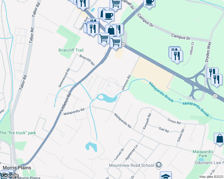 map of restaurants, bars, coffee shops, grocery stores, and more near 250 Johnson Road in Morris Plains