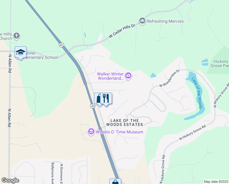 map of restaurants, bars, coffee shops, grocery stores, and more near 1522 West Timberdale Drive in Dunlap