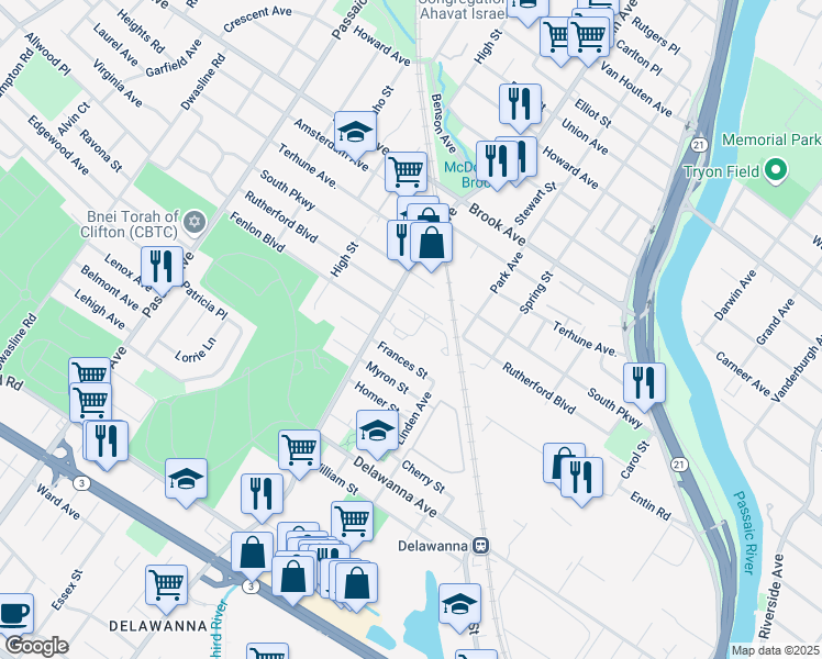map of restaurants, bars, coffee shops, grocery stores, and more near 36 Frances Street in Clifton