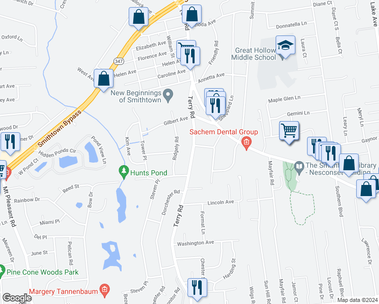 map of restaurants, bars, coffee shops, grocery stores, and more near 268 Terry Road in Smithtown