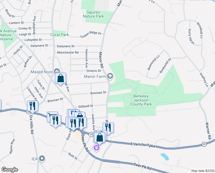 map of restaurants, bars, coffee shops, grocery stores, and more near 225 Manor Road in Huntington