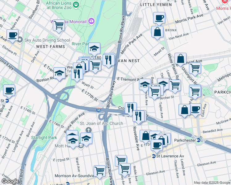 map of restaurants, bars, coffee shops, grocery stores, and more near 1541 Bronx River Avenue in Bronx