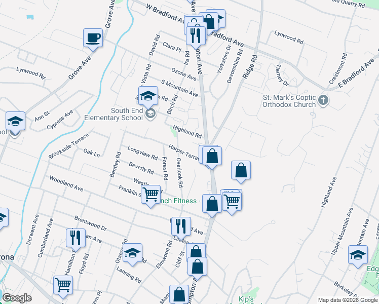 map of restaurants, bars, coffee shops, grocery stores, and more near 90 Elmwood Road in Cedar Grove