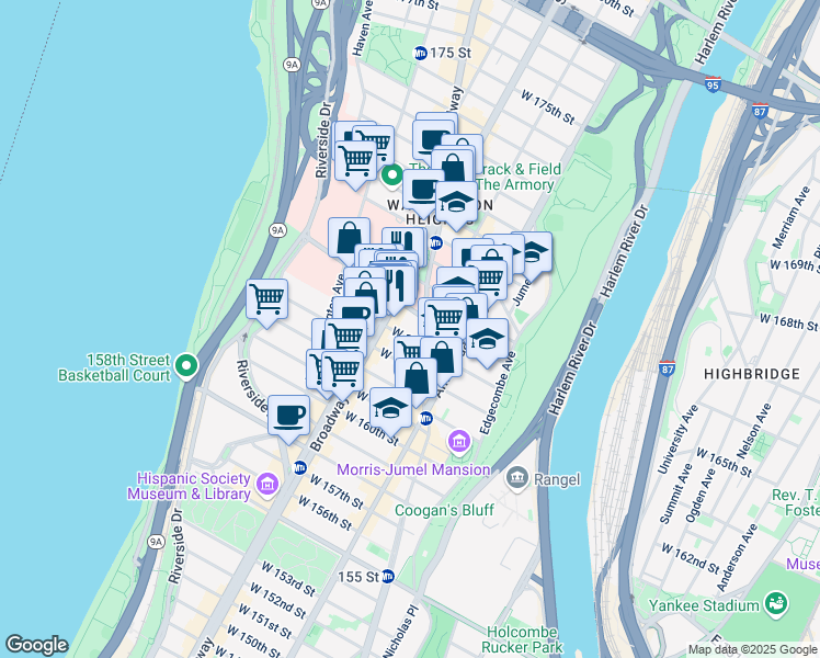 map of restaurants, bars, coffee shops, grocery stores, and more near 551 West 164th Street in New York
