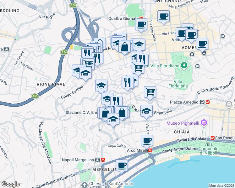 map of restaurants, bars, coffee shops, grocery stores, and more near 212 Via Torquato Tasso in Napoli