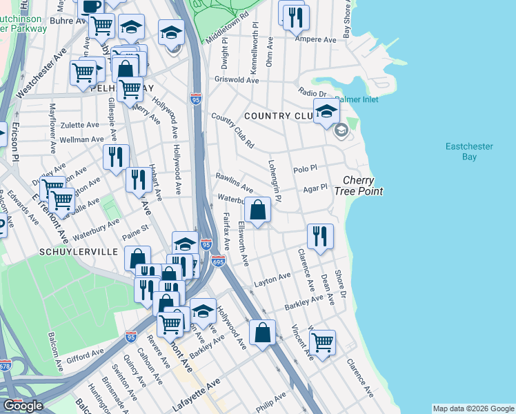 map of restaurants, bars, coffee shops, grocery stores, and more near 3186 Rawlins Avenue in Bronx