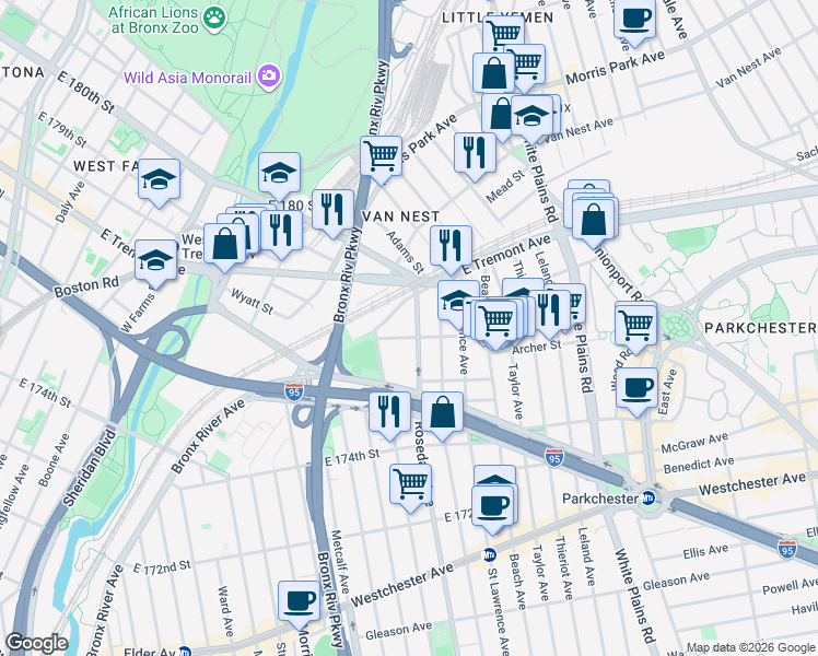 map of restaurants, bars, coffee shops, grocery stores, and more near 1539 Rosedale Avenue in The Bronx