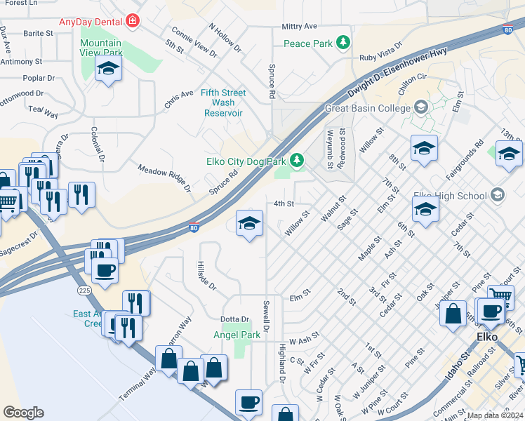 map of restaurants, bars, coffee shops, grocery stores, and more near 1759 Sewell Drive in Elko