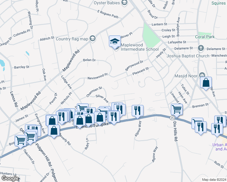 map of restaurants, bars, coffee shops, grocery stores, and more near 15 Antoine Court in Huntington