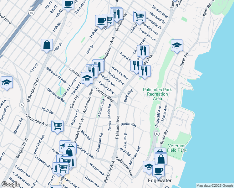 map of restaurants, bars, coffee shops, grocery stores, and more near 212 Virginia Avenue in Fort Lee