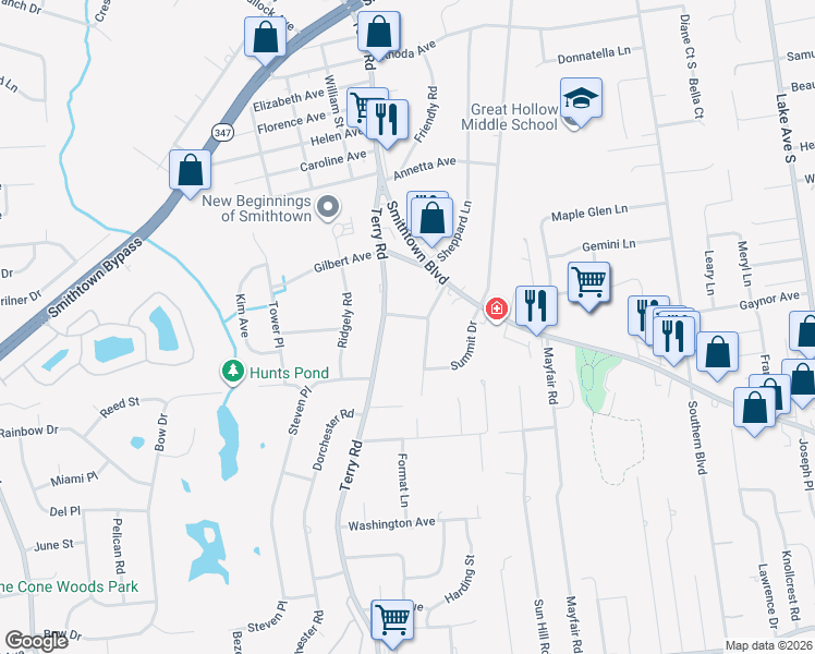 map of restaurants, bars, coffee shops, grocery stores, and more near 3 Sycamore Place in Smithtown