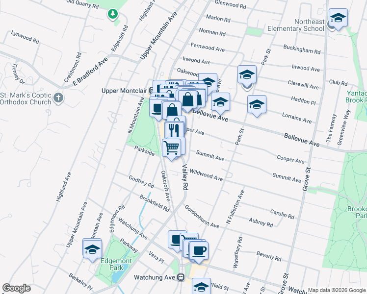 map of restaurants, bars, coffee shops, grocery stores, and more near 539 Valley Road in Montclair