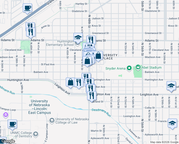 map of restaurants, bars, coffee shops, grocery stores, and more near N 48th St & Baldwin Ave in Lincoln