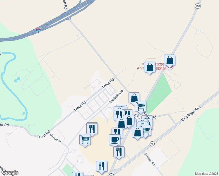 map of restaurants, bars, coffee shops, grocery stores, and more near 143 Constitution Avenue in State College
