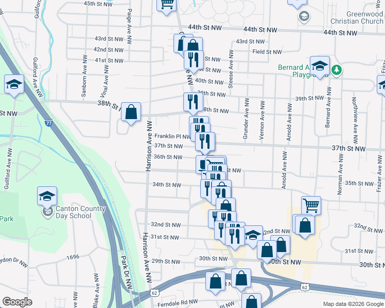 map of restaurants, bars, coffee shops, grocery stores, and more near 1907 37th Street Northwest in Canton