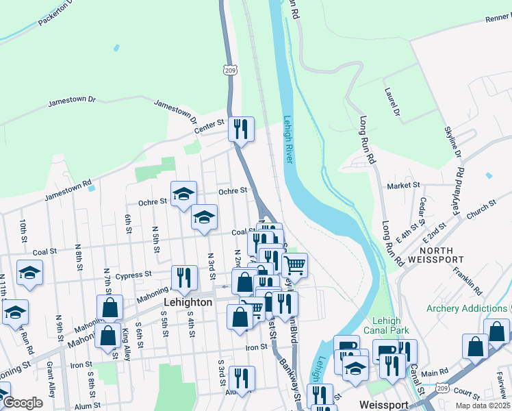 map of restaurants, bars, coffee shops, grocery stores, and more near 342 North 1st Street in Lehighton