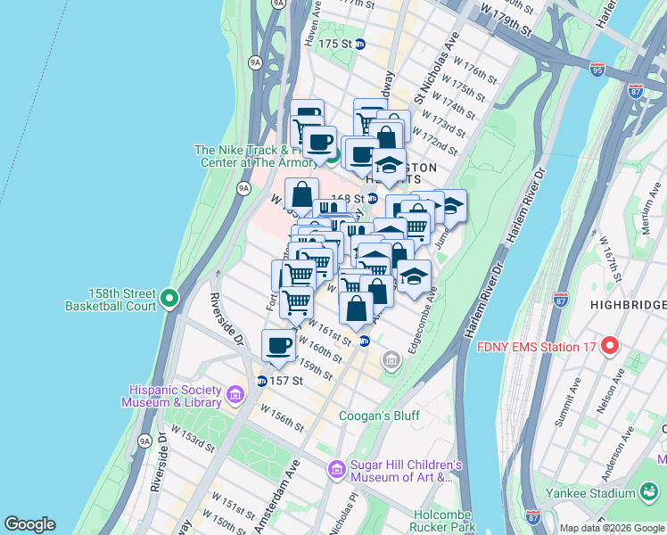 map of restaurants, bars, coffee shops, grocery stores, and more near 574 West 164th Street in New York