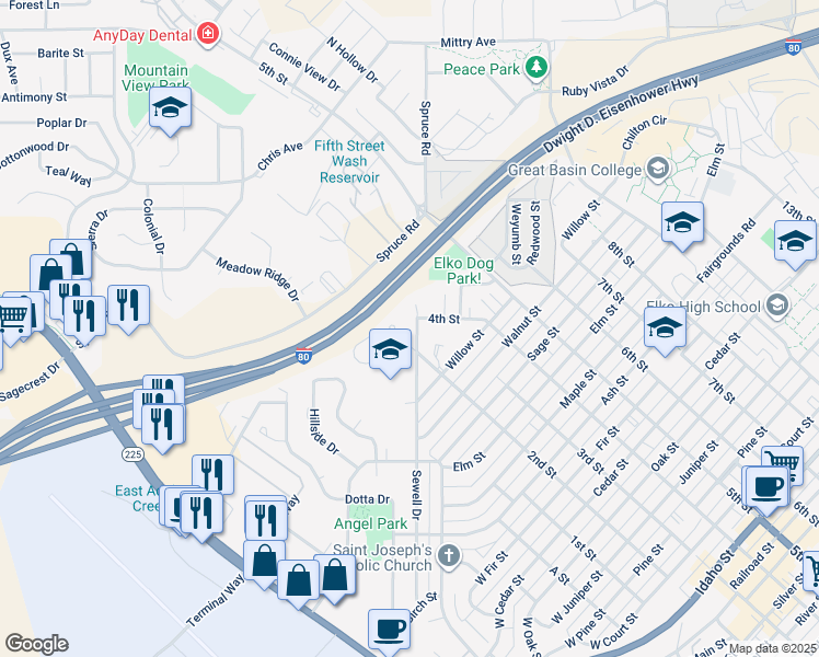 map of restaurants, bars, coffee shops, grocery stores, and more near 1728 2nd Street in Elko