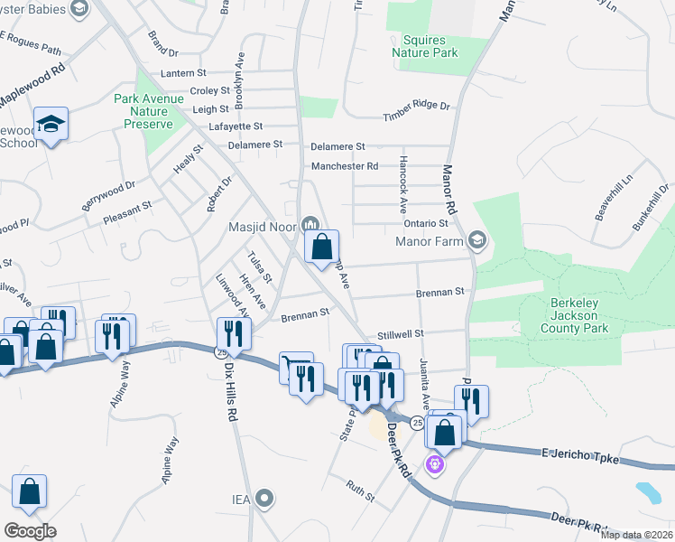 map of restaurants, bars, coffee shops, grocery stores, and more near 42 Lebkamp Avenue in Huntington
