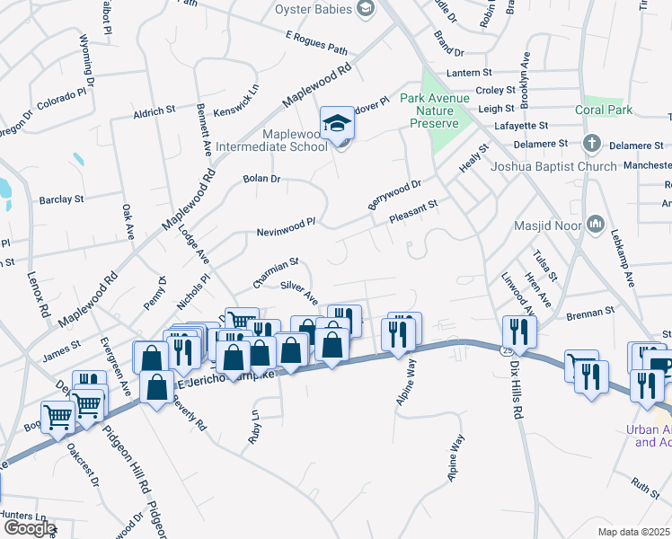 map of restaurants, bars, coffee shops, grocery stores, and more near 4 Antoine Court in Huntington
