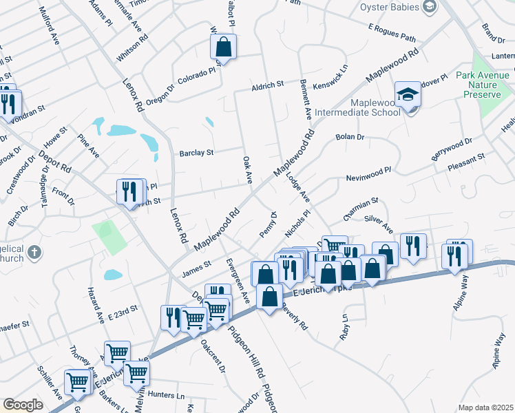 map of restaurants, bars, coffee shops, grocery stores, and more near 3 Leghorn Court in Huntington Station