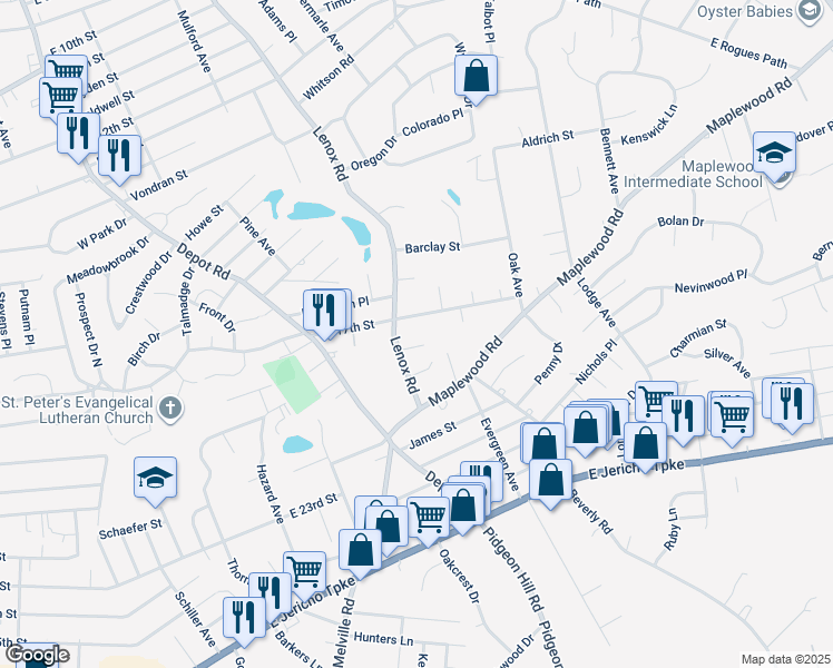 map of restaurants, bars, coffee shops, grocery stores, and more near 251 East 17th Street in Huntington Station