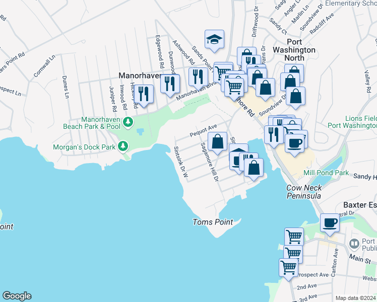 map of restaurants, bars, coffee shops, grocery stores, and more near 42 Pequot Avenue in Port Washington