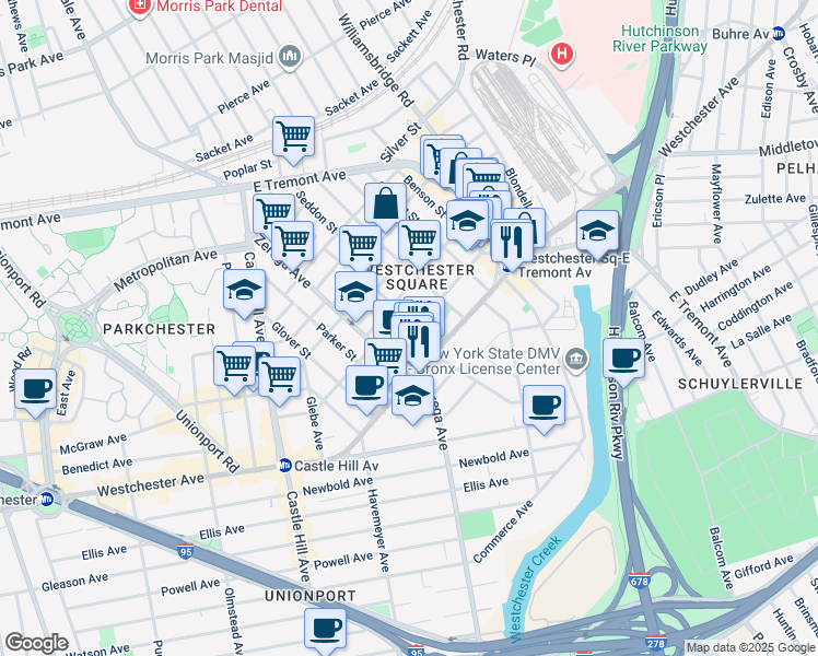map of restaurants, bars, coffee shops, grocery stores, and more near 2472 Tratman Avenue in Bronx