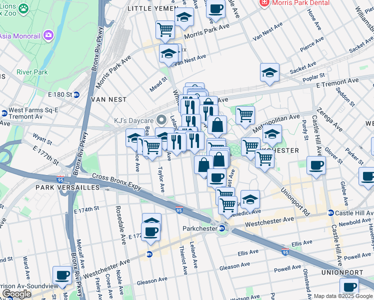 map of restaurants, bars, coffee shops, grocery stores, and more near 1542 Leland Avenue in The Bronx