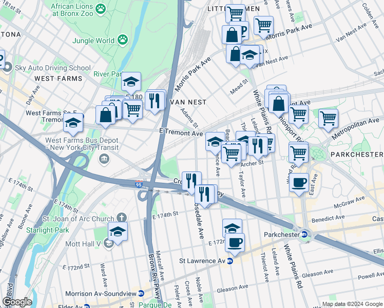 map of restaurants, bars, coffee shops, grocery stores, and more near 1539 Rosedale Avenue in The Bronx