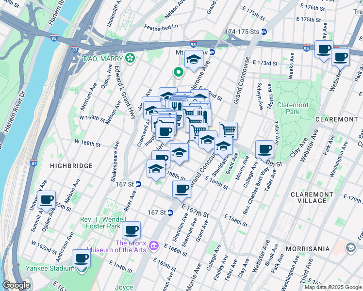 map of restaurants, bars, coffee shops, grocery stores, and more near 38 Elliot Place in The Bronx