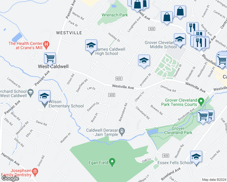 map of restaurants, bars, coffee shops, grocery stores, and more near 119 Lane Avenue in West Caldwell
