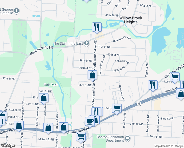 map of restaurants, bars, coffee shops, grocery stores, and more near 3741 Middlebranch Avenue Northeast in Canton