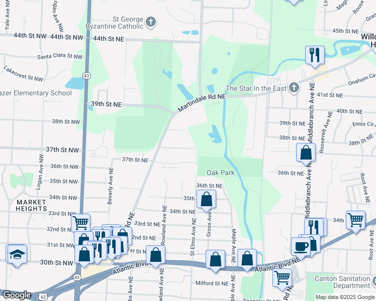 map of restaurants, bars, coffee shops, grocery stores, and more near 3742 Martindale Road Northeast in Canton