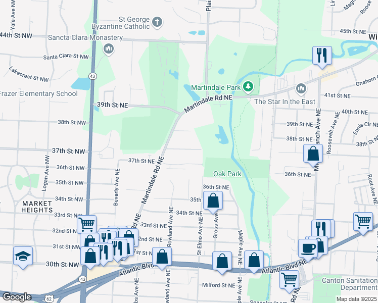 map of restaurants, bars, coffee shops, grocery stores, and more near 3742 Martindale Road Northeast in Canton