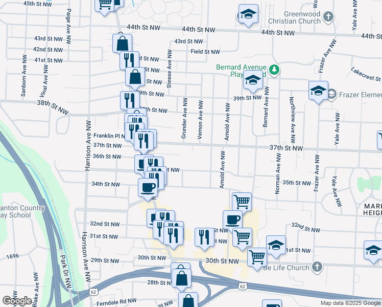 map of restaurants, bars, coffee shops, grocery stores, and more near 1405 37th Street Northwest in Canton