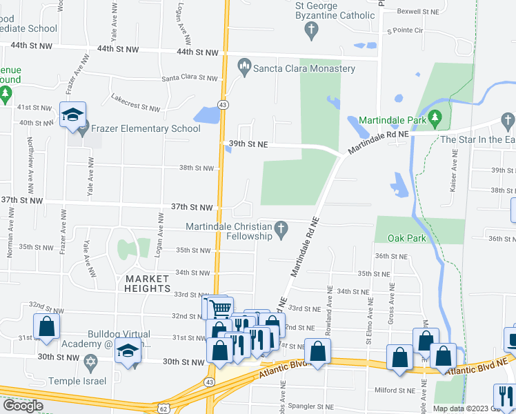 map of restaurants, bars, coffee shops, grocery stores, and more near 3610 Vicary Square Northeast in Canton