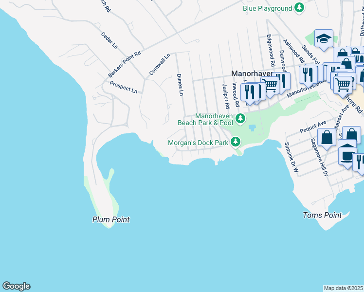 map of restaurants, bars, coffee shops, grocery stores, and more near 26 Oldwood Road South in Port Washington