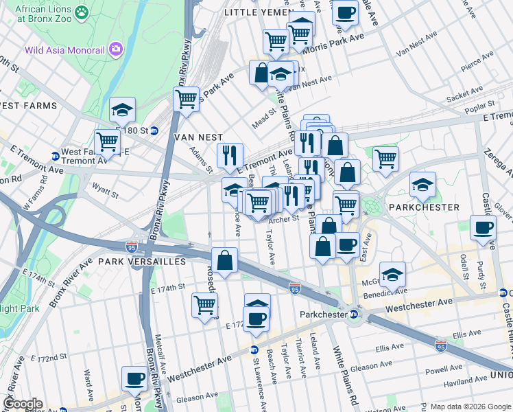 map of restaurants, bars, coffee shops, grocery stores, and more near 1533 Beach Avenue in The Bronx
