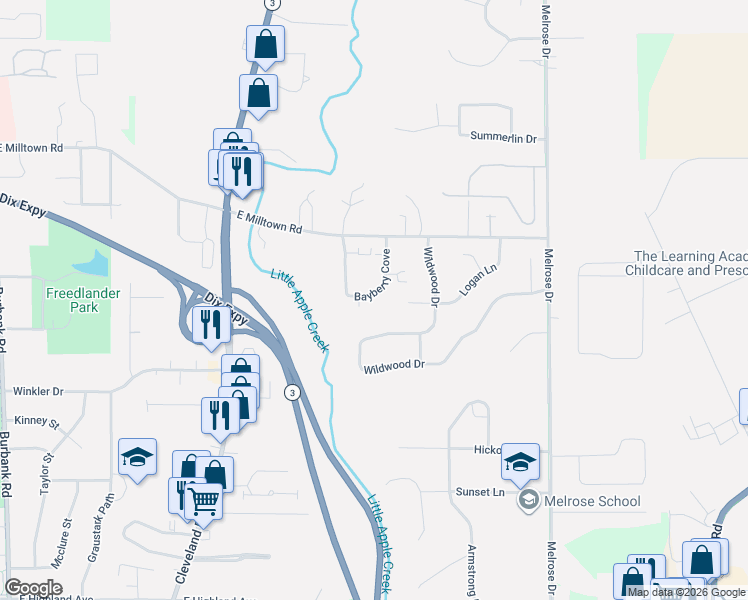map of restaurants, bars, coffee shops, grocery stores, and more near 3100 Bayberry Cove in Wooster