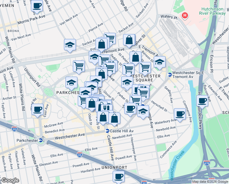 map of restaurants, bars, coffee shops, grocery stores, and more near 1565 Parker Street in Bronx