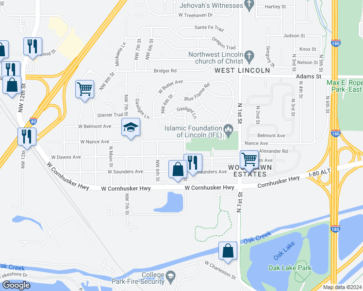 map of restaurants, bars, coffee shops, grocery stores, and more near 2531 Northwest 4th Street in Lincoln