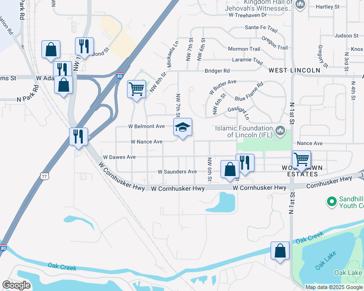 map of restaurants, bars, coffee shops, grocery stores, and more near 630 West Dawes Avenue in Lincoln