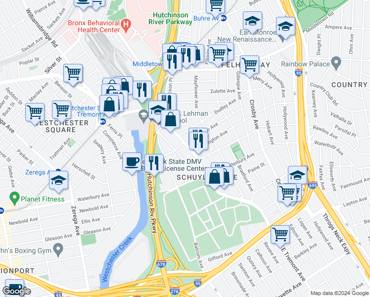 map of restaurants, bars, coffee shops, grocery stores, and more near 3110 East Tremont Avenue in The Bronx
